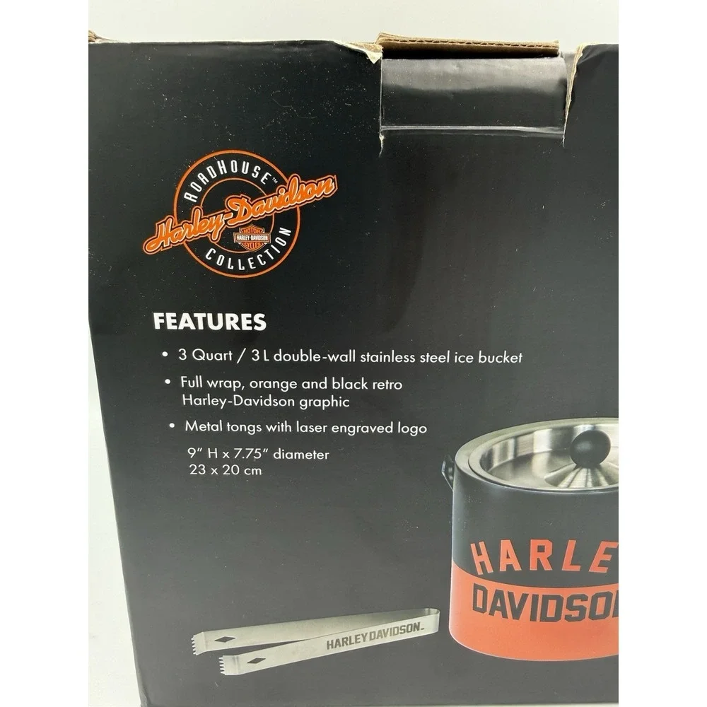 Harley-Davidson Retro H-D Text Ice Bucket Double Wall Stainless Steel W/ Tongs